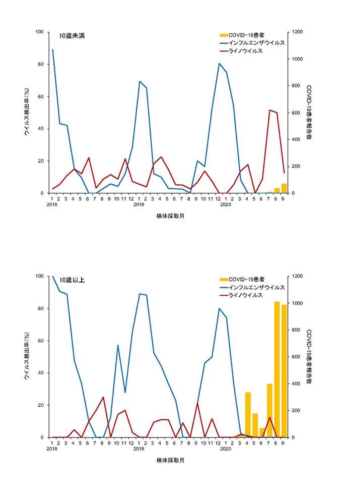 横浜市におけるインフルエンザ及びライノウイルス検出率と
新型コロナウイルス感染症（COVID-19）患者報告数
