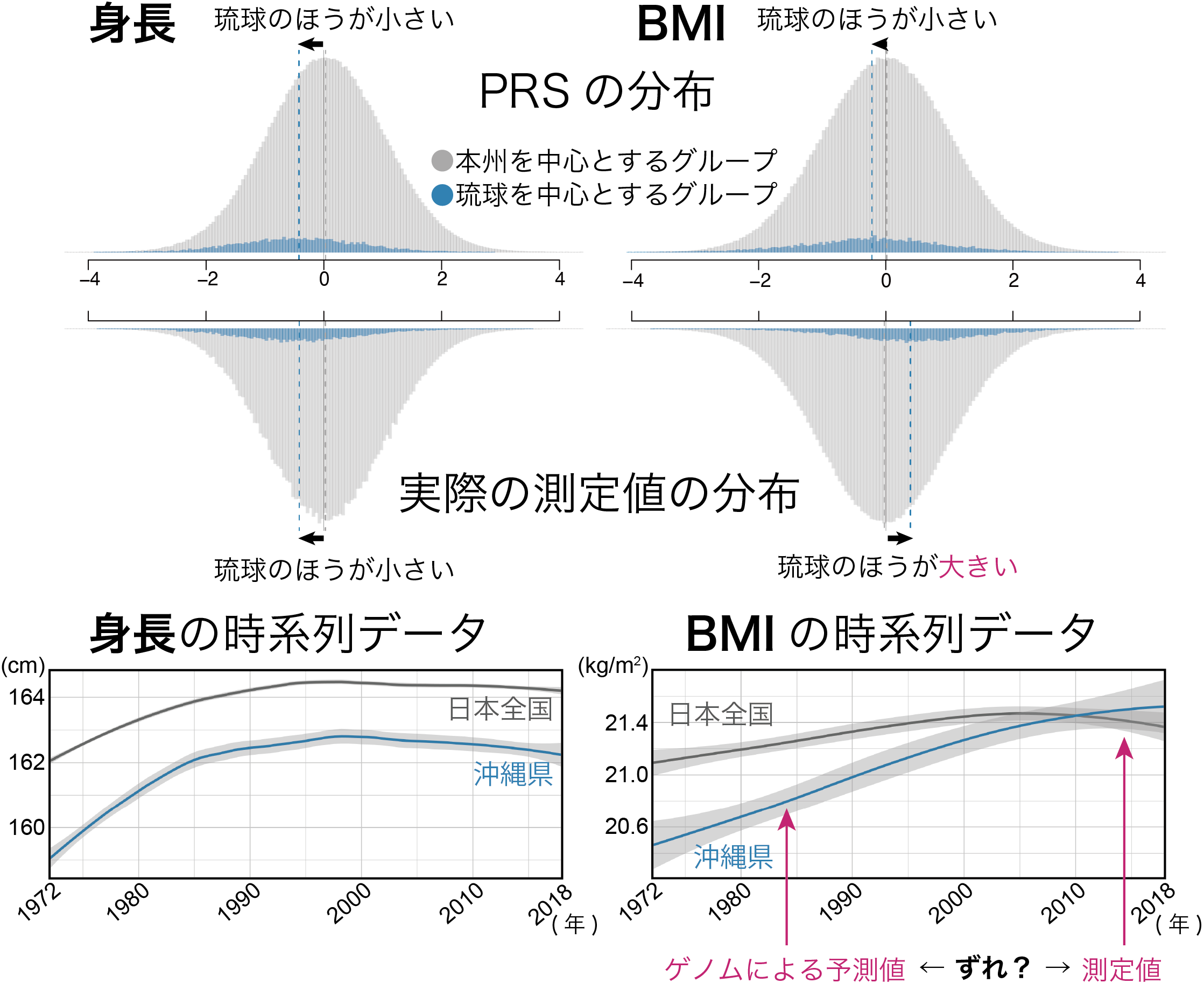 次元削減手法により定義した2つのグループによる身長・BMIのPRSと検査値自体の分布と、過去50年間の身長・BMIの平均値の時系列変化